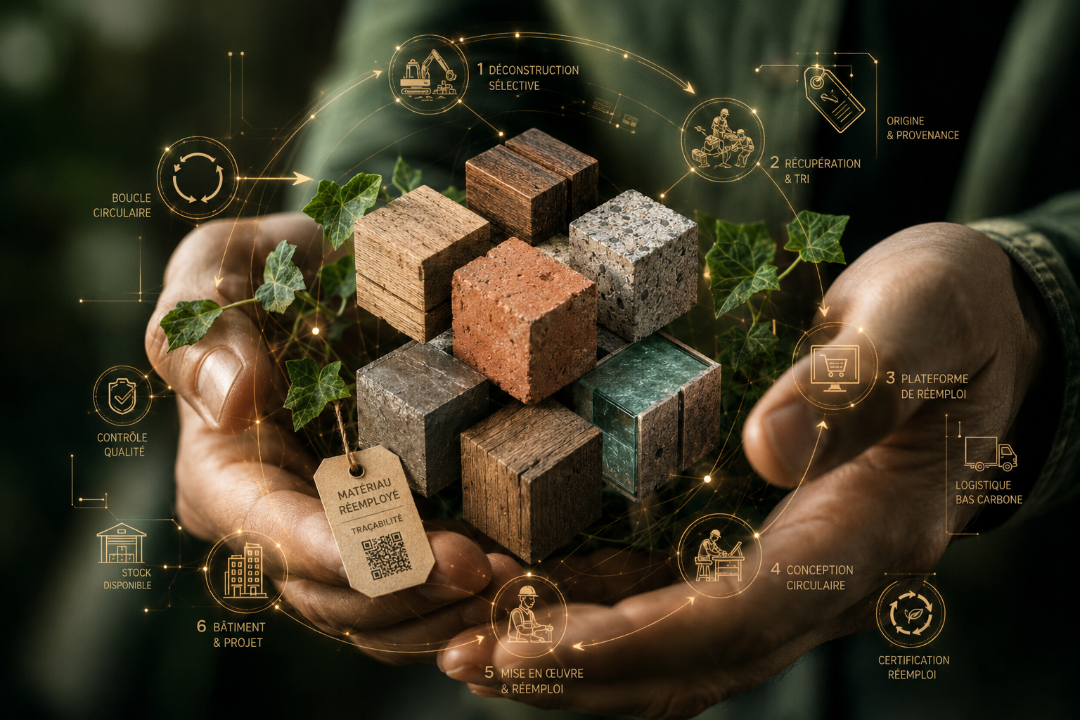 Mains tenant des cubes de matériaux de réemploi (bois, brique, béton, verre) entourés d'une infographie dorée illustrant la boucle circulaire : déconstruction, tri, plateforme, conception, mise en œuvre, bâtiment.