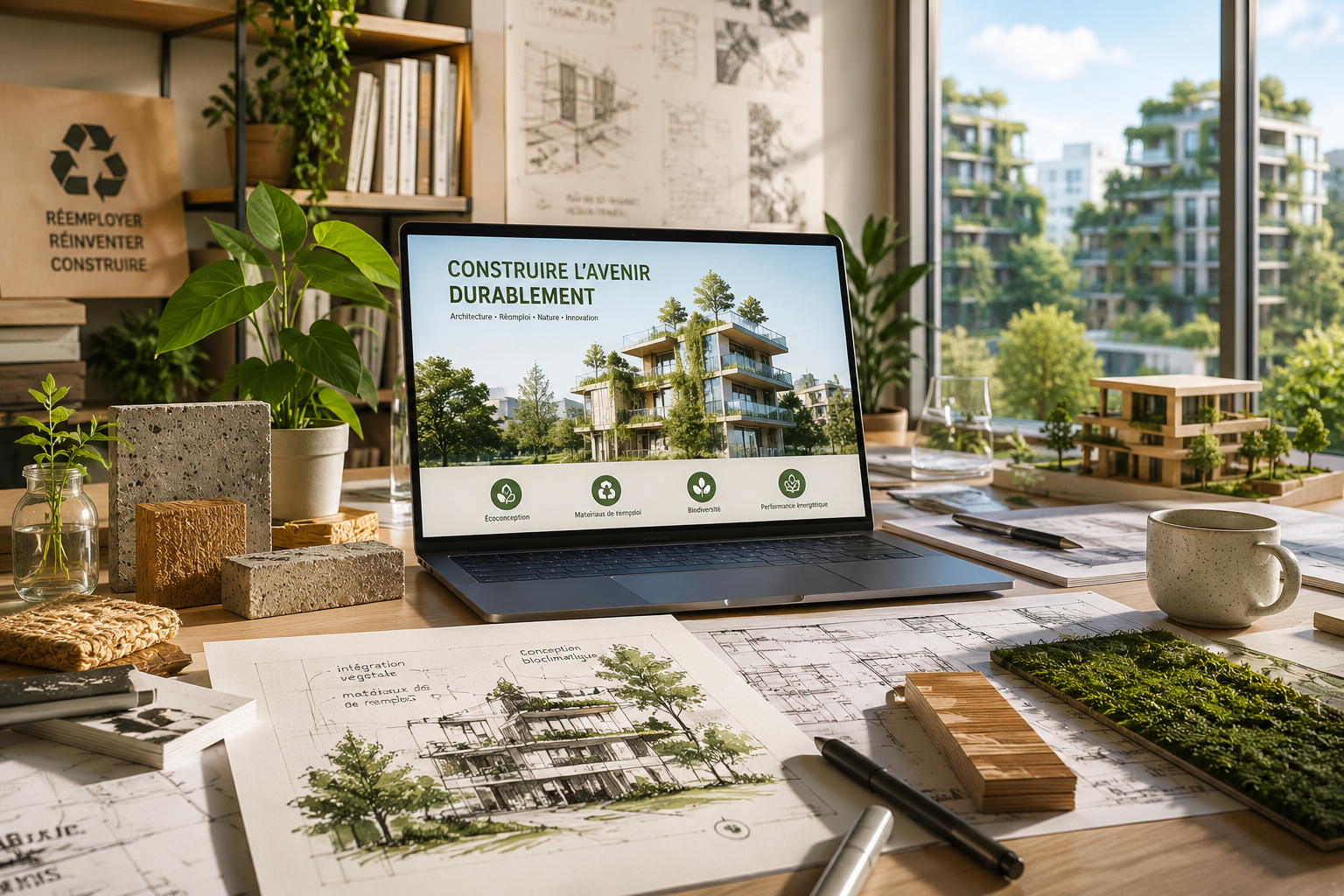 Bureau d'architecte engagé : ordinateur portable affichant une page « Construire l'avenir durablement », maquettes, échantillons de matériaux et végétation, avec un immeuble bioclimatique en arrière-plan.