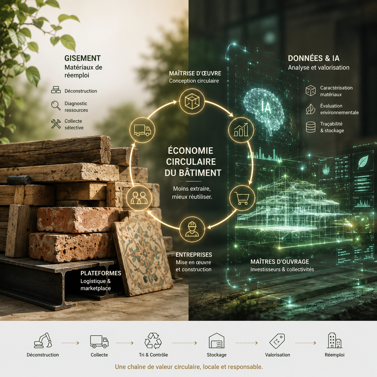 Infographie de l'économie circulaire du bâtiment : à gauche, gisement de matériaux de réemploi (bois, briques, carreaux anciens) ; à droite, analyse par l'IA (caractérisation, évaluation environnementale, traçabilité) ; au centre, un cycle reliant maîtrise d'œuvre, plateformes, entreprises et maîtres d'ouvrage. En bas, la chaîne de valeur : déconstruction → collecte → tri → stockage → valorisation → réemploi.