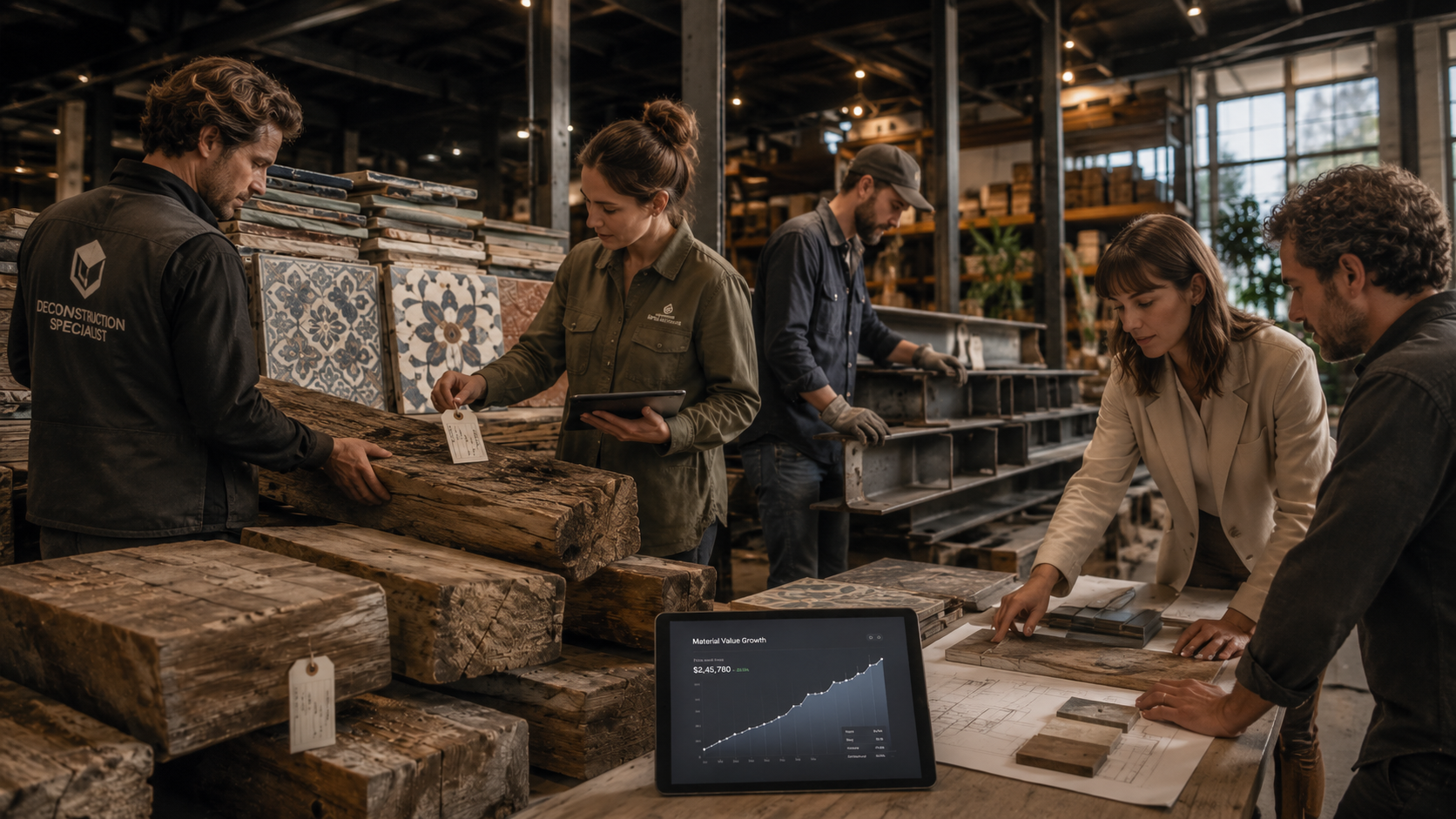 Équipe pluridisciplinaire (architectes, spécialistes déconstruction, artisans) autour de matériaux de réemploi, bois massif, carreaux anciens, poutrelles acier et d'un tableau de bord de valorisation.