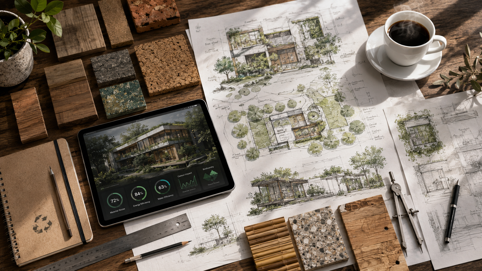 Vue plongeante d'un bureau d'architecte : plans d'éco-conception aquarellés, échantillons de matériaux biosourcés (bois, liège, terre) et tablette affichant un dashboard de performance (réemploi 72%, efficacité énergétique 84%, eau 63%).